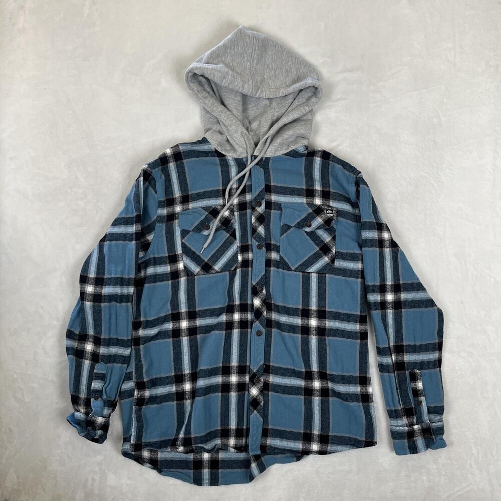 Quiksilver Shirt Mens XL Blue Plaid Hooded Flannel Long Sleeve Button Up Casual